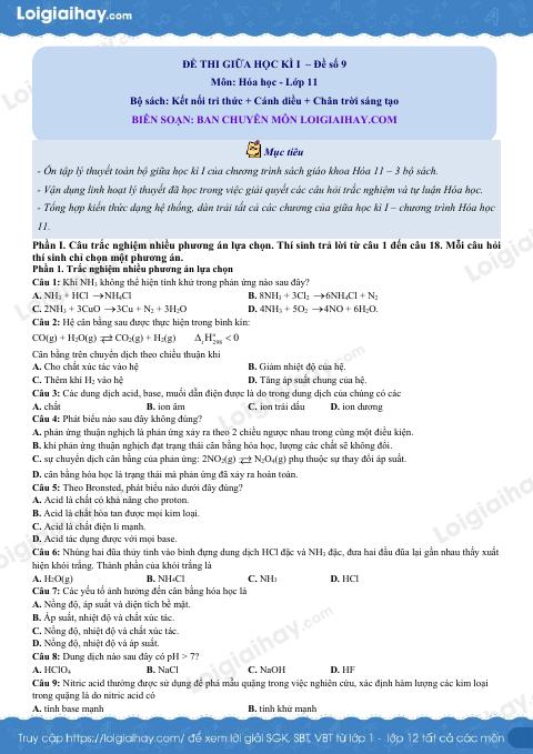 Đề thi giữa kì 1 Hóa 11 Cánh diều - Đề số 9